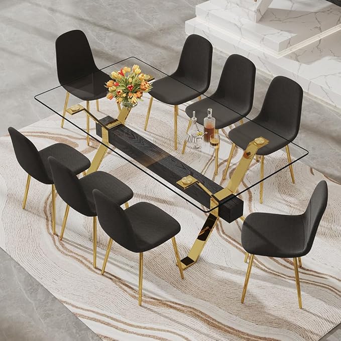 71'' Glass Dining Table Set for 8,9 Piece Dining Table Set with Open‑Frame X‑Shaped Golden Metal Base,Gold Kitchen Table and Chairs Ideal for Dining Room&Home Office