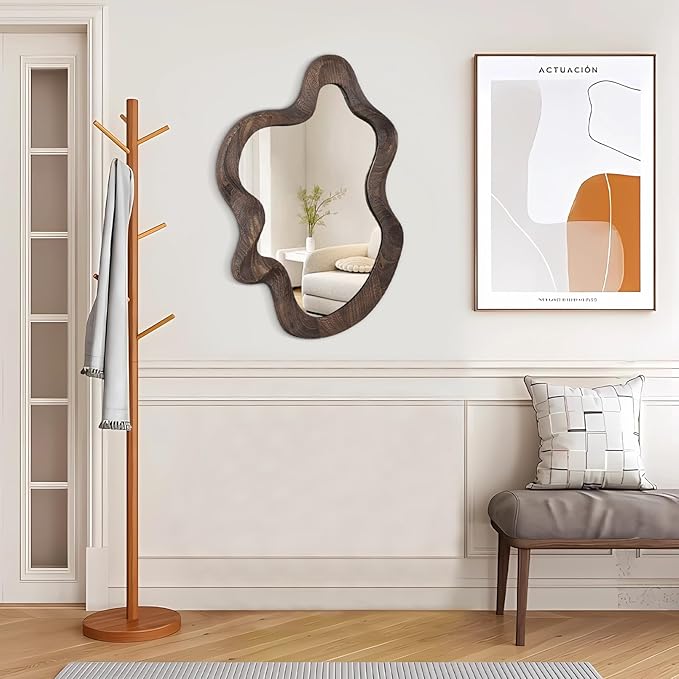 Asymmetrical Wavy Mirror for Wall Decor Large Cute and Stylish Unique Wooden Framed Wall Mirror Vanity Artistic Cloud Mirror 21.6"x15" Decorative for Living Room Bedroom Bathroom Entryway