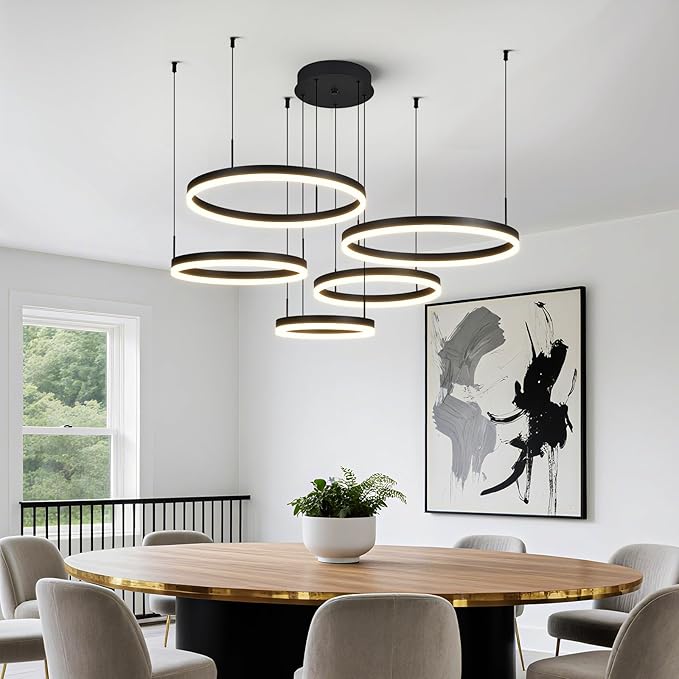 Modern Black Ring Chandelier LED Circle Geometric Pendant Light Dimmable 5 Rings Ceiling Light Fixtures High Ceiling Foyer Chandelier for Living Room Dining Room Bedroom