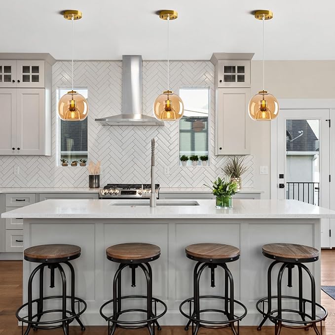 Amber Glass Pendant Lights Kitchen Island Gold Hanging Light Fixture Glass Globe Pendant Light Modern Pendant Lighting for Kitchen Island Bedroom Dining Room (7.87", 1 Pack)