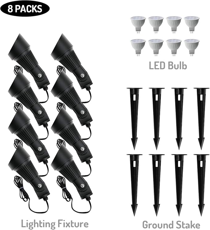4W LED Landscape Lights Low Voltage Landscape Lighting Spotlights GL106-BKLED8 AC/DC 12V Warm White Waterproof for Driveway,Yard, Lawn,Patio,Walls,Trees,Flags,Outdoor Light (Black, 8 Pack)