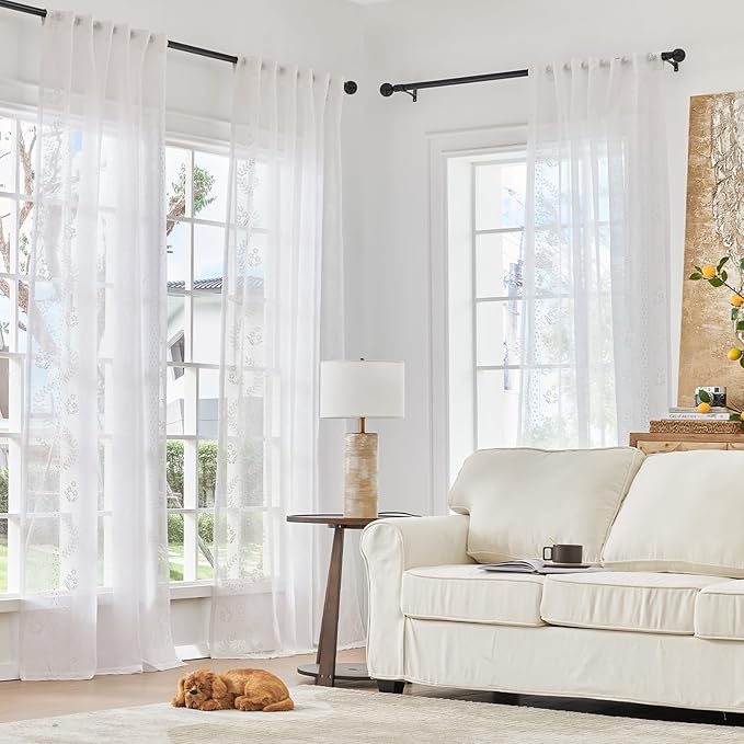 jinchan Belrose Linen Sheer Curtains for Living Room 63 Inch Length Sheer Voile Embroidered Floral Curtains for Bedroom Light Filtering Rod Pocket Window Treatments Farmhouse Decor 2 Panels White