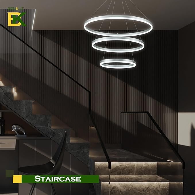 D31.5 3 Rings Modern LED Chandelier Silver Dimmable LED Pendant Light with Remote Control Circular Flush Mount High Ceiling Light for Dining Room Living Room Bedroom Foyer(3000K-6500K, H71)