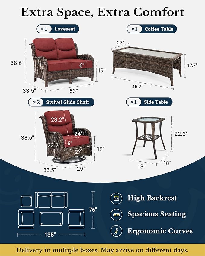 HILLGA Luxury Patio Furniture Set with 6-Inch Thick Cushions, High Back Outdoor Swivel Rocker Chairs and Patio Loveseat, 5-Piece All Weather Conversation Set for Porch Deck Pool Yard, Burgundy (V3)