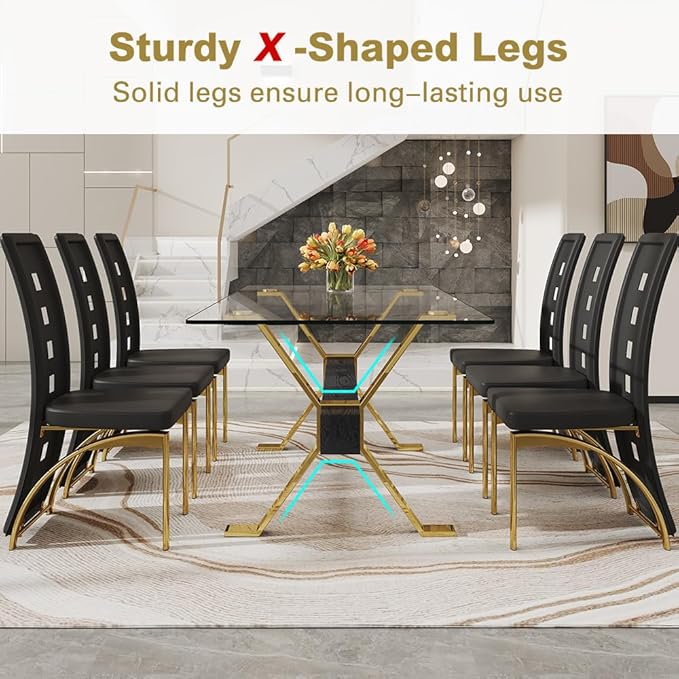 71'' Modern Dining Table Set for 6,7 Piece Glass Dining Table Set with Open‑Frame X‑Shaped Golden Metal Base,Gold Kitchen Table and Chairs Ideal for Dining Room&Home Office