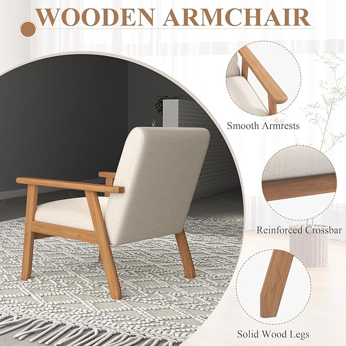 Westice Accent Chair 1PC, Mid-Century Modern Living Room Chairs with Solid Wood Frame & Soft Thicken Cushion, Upholstered Reading Arm Chair for Bedroom, Balcony, Beige Linen Fabric & Natural Legs