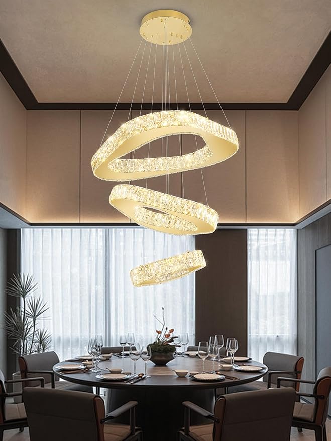 Modern Led Gold Chandelier Adjustable 3 Rings Crystal Chandelier for Living Room Foyer Stairwell Lighting High Ceiling Light Dimmable 2700K-6000K