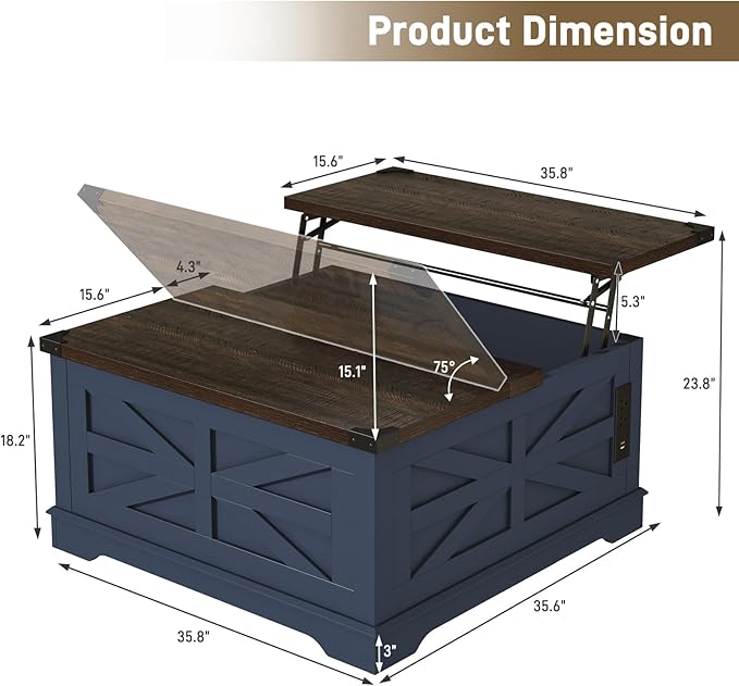 36" Farmhouse Movable Lift Top Coffee Table with Storage and Power Outlets, Square Wood Living Room Tables with Wheels&Large Hidden Space, Lift Wooden Barn Door Center Table, Blue