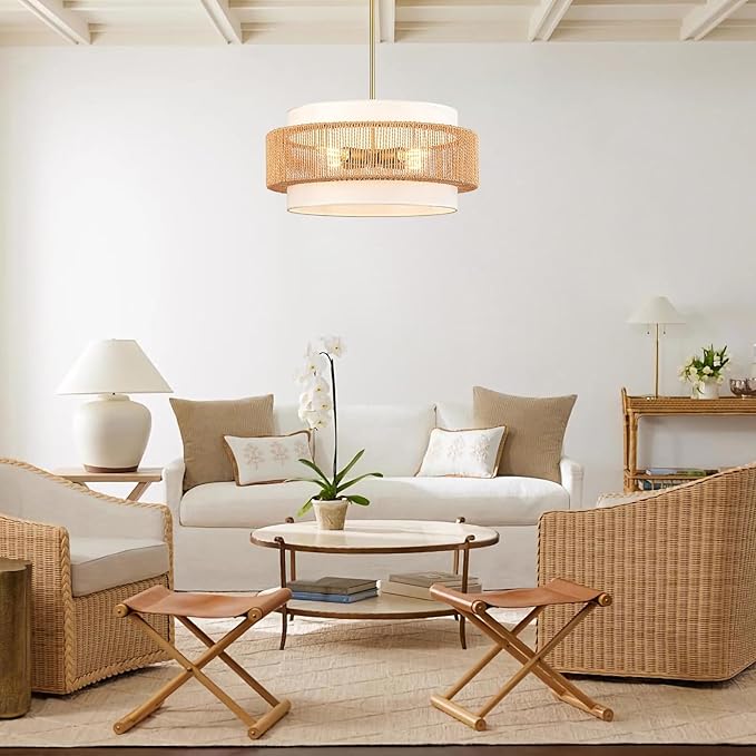 Boho Rattan Chandelier, 19.7" Large Boho Pendant Light with Fabric Lampshade, 4-Light Rattan Light Fixture Ceiling Hanging for Dining Room, Living Room, Bedroom, Kitchen Island, Hallway, Foyer