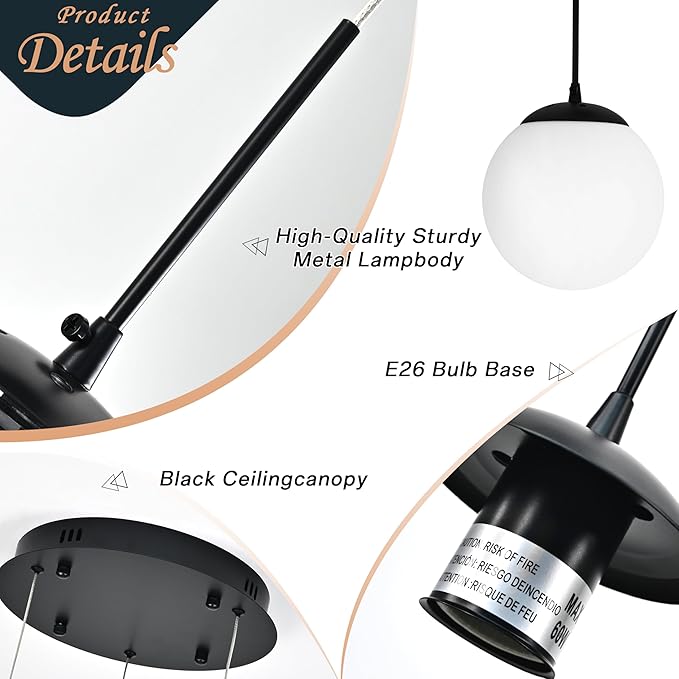 KoKo&Yukina 3 Light Globe Glass Pendant Light Modern Black Globe Chandelier Adjustable Length Pendant Light Fixtures Milky White Glass Ceiling Light for Foyer Hallway