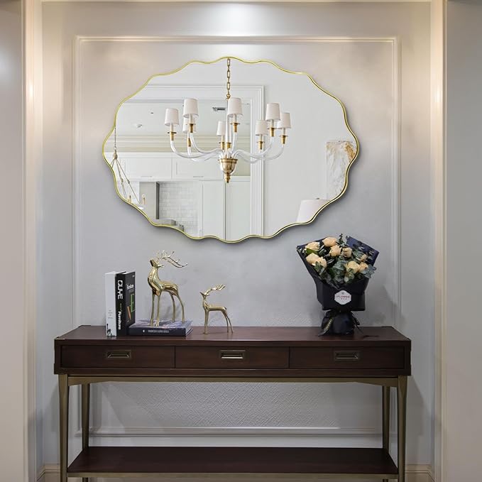 Scalloped Mirror, 35.5"x26" Bathroom Vanity Mirror, Irregular Shaped Mirrors Decorative, Modern Wavy Round Mirrors for Living Room Bedroom Hallway Entryway Fireplace