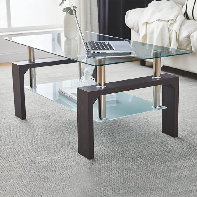 Btrpily Walnut Rectangular Coffee Table, 39.5in x 23.5in x 17.5in, Glass Tabletop with Lower Shelf, Adjustable Bottom Corners
