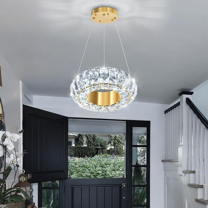 8" Ring Modern LED Dimmable Crystal Chandelier Adjustable Height Pendant Light Round Crystal Chandelier Light Fixtures for Dining Room Living Room Kitchen Island Gold