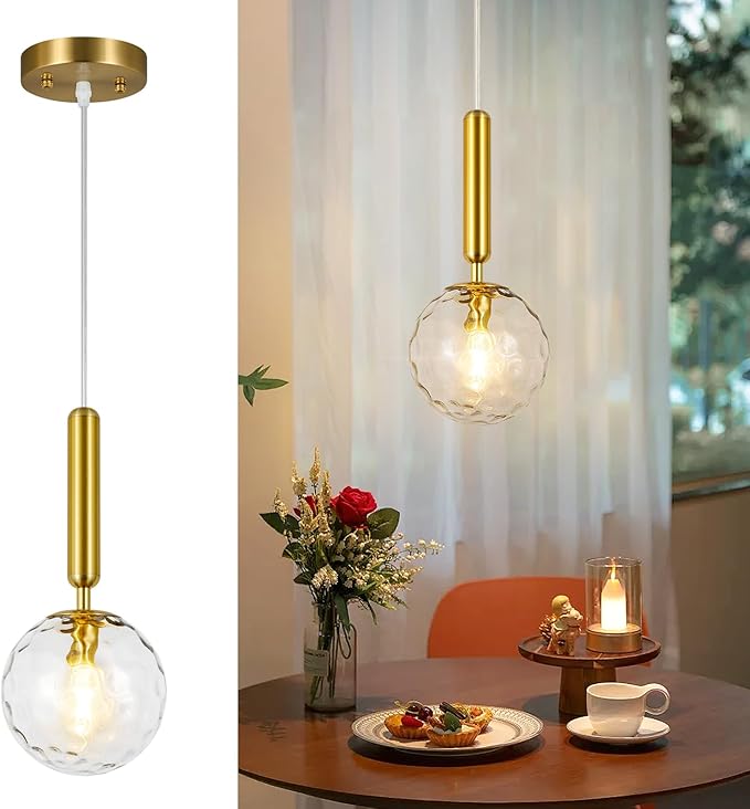 Modern Gold Pendant Light Hanging Fixture Light for Kitchen Island Mid Century with Globe Pendant Light Clear Glass Pendant Lighting for Living Room Bedroom Entryway (1 Pack)