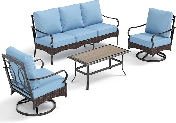 PHI VILLA Outdoor Modern Patio Furniture Set, Upgraded Wicker&Metal Patio Furniture Conversation Set with Waterproof Thick Cushions for Porch, Poolside, Deck, and Yard (4 Pieces,Blue)