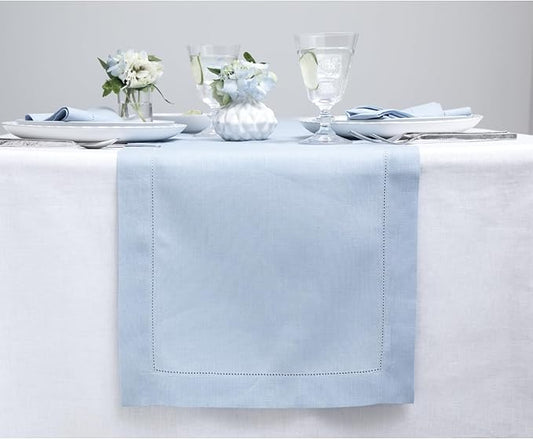 Solino Home Linen Sky Blue Table Runner 156 Inches Long - 100% Pure Linen Extra Long Table Runner 14 x 156 Inch - Classic Hemstitch