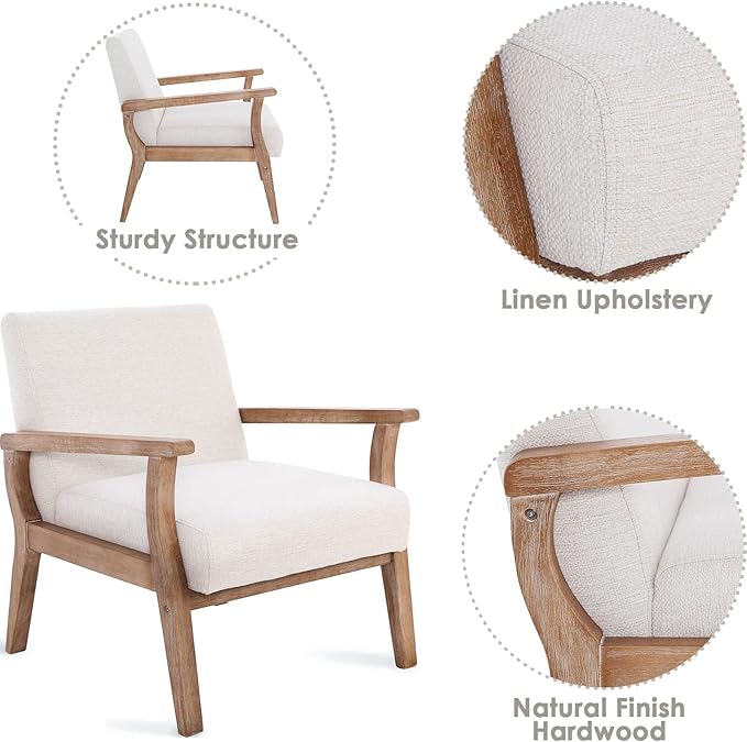 Wahson Comfy Living Room Chairs Set of 2, Linen Upholstered Accent Chairs, Farmhouse Armchairs with Natural Wood Frame, Oversized Decorative Chair for Bedroom, Beige