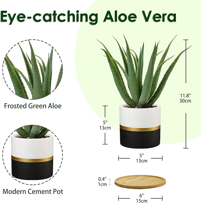 Briful Succulents Artificial Plants Fake Aloe Vera Plants in Gold and Black Pot Farmhouse Faux Agave Plant for Home Office Desk Bathroom Shelf Decorations