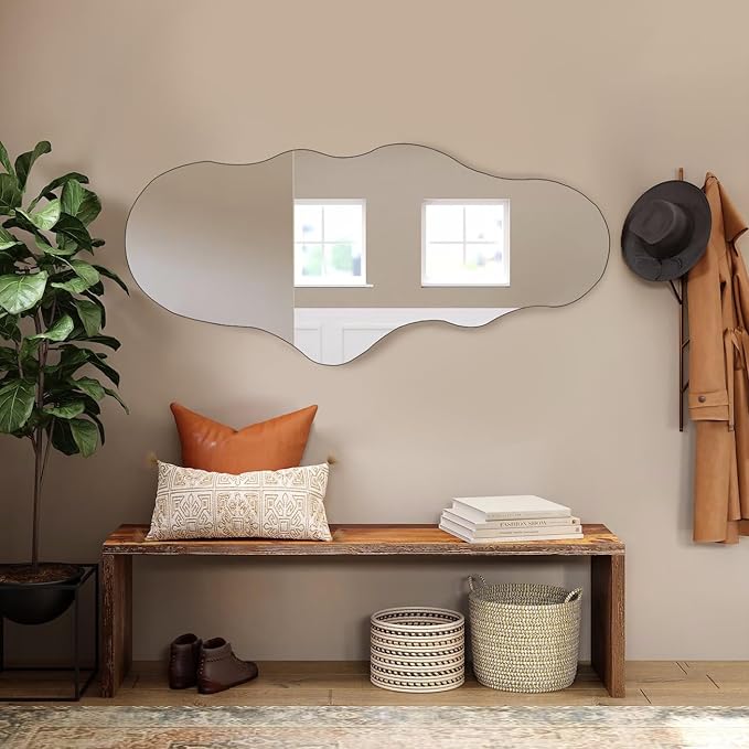 Unique 47X23 Inch Full Length Wall Mounted Mirror Tall Mirror Full Body Floor Length Mirror Dressing Body Mirror Frameless Mirror for Bedroom Bathroom Living Room, Irregular Shape Mirror, White