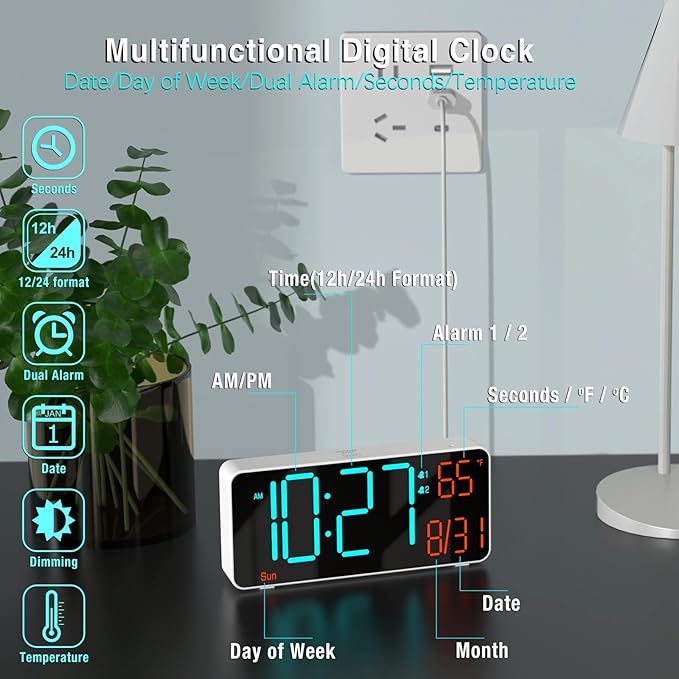 KOSUMOSU Small Digital Clock for Bedroom, 6.7in Desk Clock, Auto Dimming, Room Temperature, Day of The Week, Date, Seconds, Alarm Clocks for Bedrooms, Clocks for Living Room