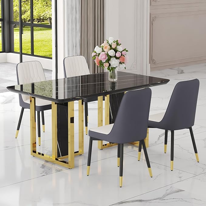 TesNus 63" Black Dining Table Set for 4 with Chairs,Modern Faux Marble Rectangular Kitchen Table and Chairs Set Luxury 5 Piece Dining Room Set with Gold Metal Legs,Easy Assemble,Stable Base