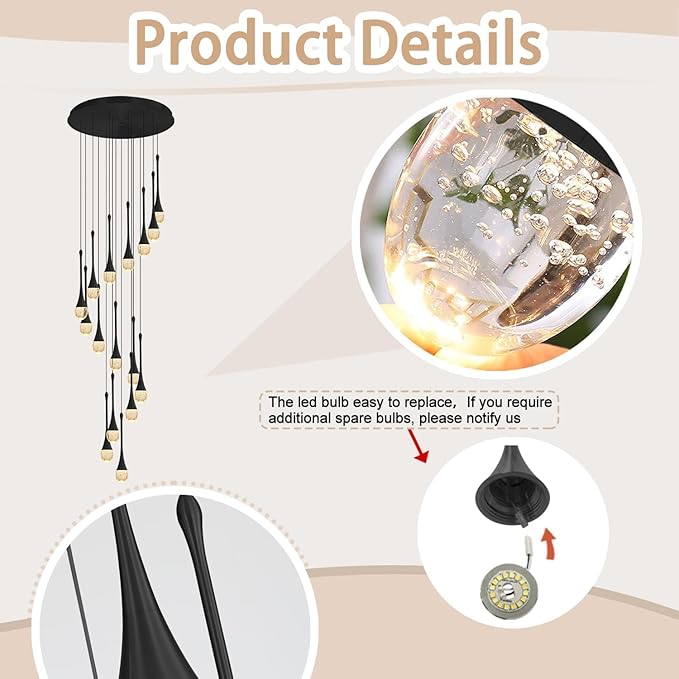 H150'' High Ceiling Chandeliers for Entryway 36-Lights Black Spiral Crystal Chandelier Modern Raindrop Chandeliers for Villa Staircase,Hanging Light Fixtures for High Ceiling