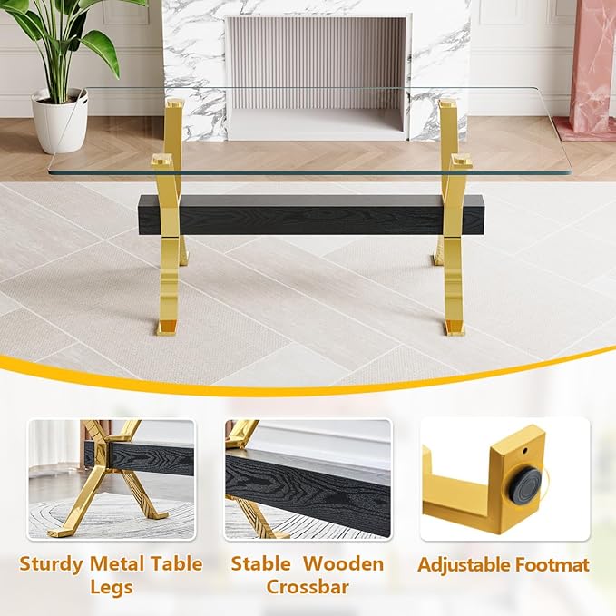 7 Piece Glass Dining Table Set, Kitchen Table Chairs Set for 6, 71'' Dining Table with 0.4" Tempered Glass Tabletop with Plated Metal Legs and MDF Crossbar, 6 PU Chairs for Dining Room, Kitchen.