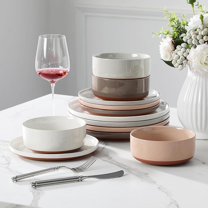 MALACASA Plates and Bowls Sets, 12 Pieces Modern Stoneware Dinnerware Set for 4 Kitchen Dinner Set Ceramic Dishware Dishes Set Microwave and Dishwasher Safe, Multicolor, Series TARA