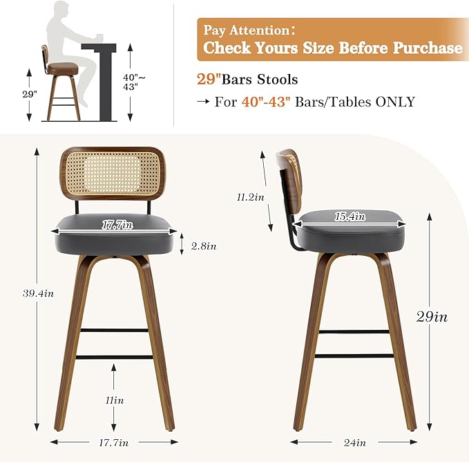 Swivel Bar Stools Set of 4, Upholstered Faux Leather Barstools with Rattan Back, 29" Seat Height Bar Chairs for Kitchen Island, Bentwood Wood Frame, Grey