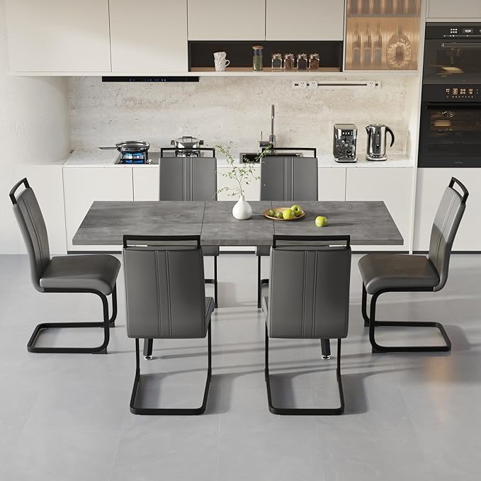 7 Piece Dining Table Set for 6-8,55-71" Extendable Dining Table Set with 6 Upholstered Chairs,Rectangle Kitchen Table Set for Small Space,Dining Room and Office,Grey