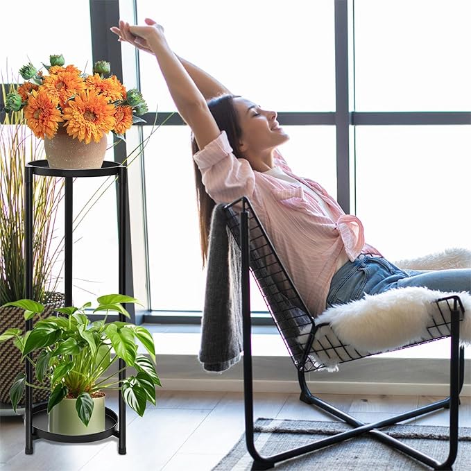 2 Tier Plant Stand Indoor Tall, Black Corner Tiered Round Plant Stand for Indoor Multiple Plants, Metal Flower Pot Stands Outdoor Holders Plant Shelf Display Rack for Balcony Living Room