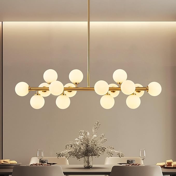 Glass Globe Sputnik Chandelier, 16-Light Mid Century Modern Light Fixture Over Table, Linear Chandeliers for Dining Room, Kitchen Island, Brass Gold and Milk White Bubble, 40 Inch, GC-02