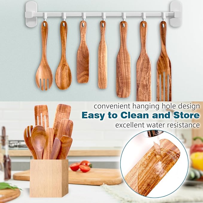 Kitchen 8-Piece Acacia Wood Spurtle Utensil Set – Wooden Cooking Spoons with Slotted Spatula, Salad Fork, Butter Knife & Kitchen Tools, Nonstick Cookware Safe by Howhong