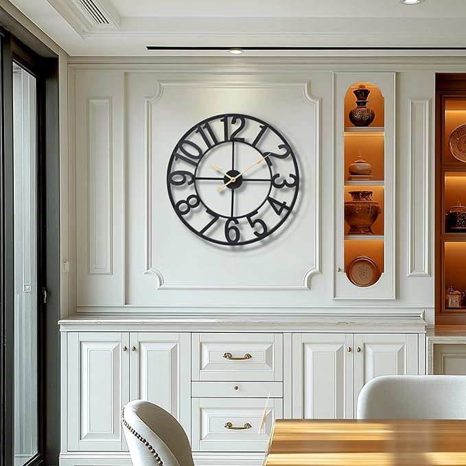 Tatub 24 Inch Large Wall Clock for Living Room Decor, Arabic Numeral Modern Round Decorative Metal Large Wall Clock for Bedroom and Kitchen, Silent, Non Ticking, Battery Operated