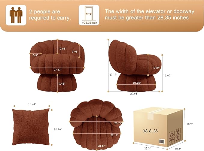 Mid Century Modern 360 Degree Barrel Swivel Accent Vanity Chair,Fluffy Sherpa Fabric Lounge Wide Upholstered Pumpkin Reading Chair, Round Cloud Armchair for Living Room,Bedroom,Vanity(Burnt Orange)