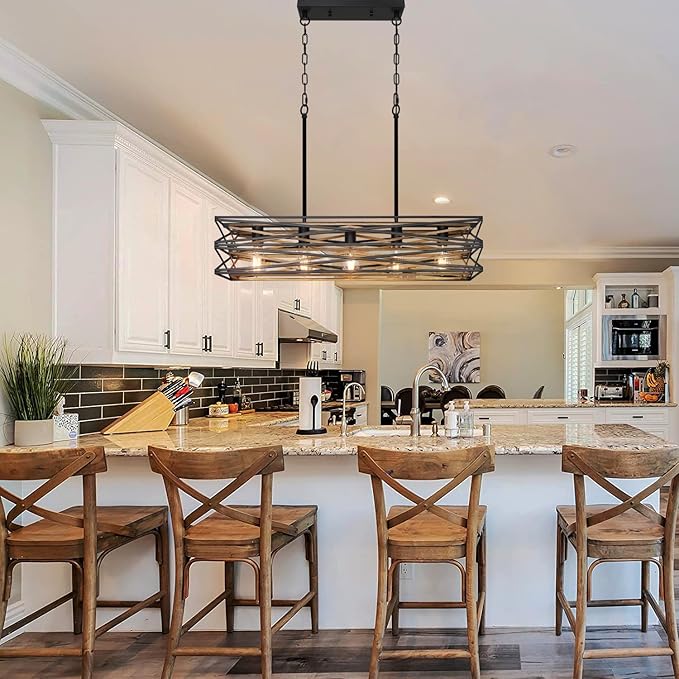 33.5''Farmhouse Dining Room Light Fixture,5-Light Kitchen Island Lighting,Industrial Chandelier for Dining Room Over Table Kitchen,Large Linear Chandelier with Retro Wood Texture Interior