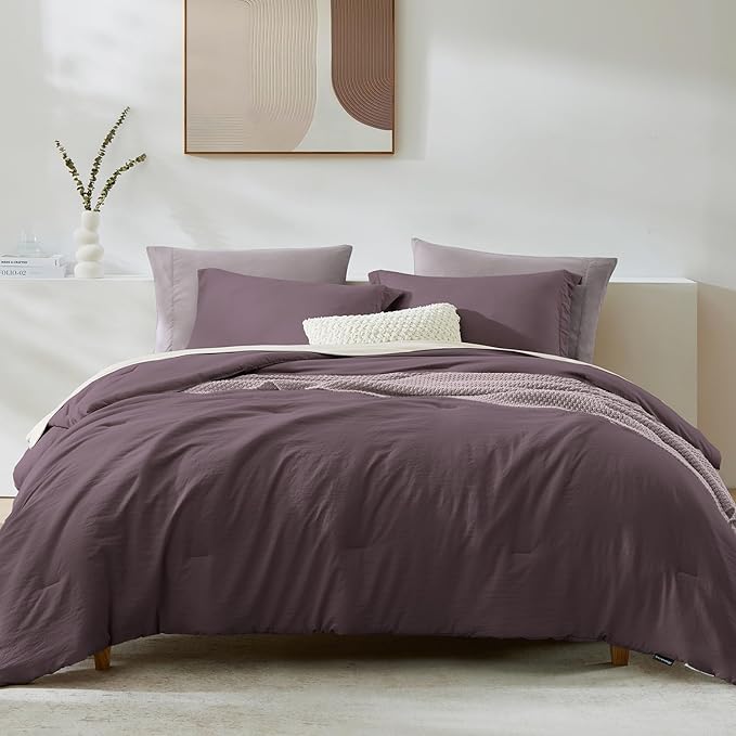 WRENSONGE Full Size Comforter Set- 7 Pieces Italian Plum Bed in a Bag Full Size Comforter with Fitted Sheet, Flat Sheet, 2 Pillow Shams, 2 Pillowcases, Warm Bedding Sets for All Season