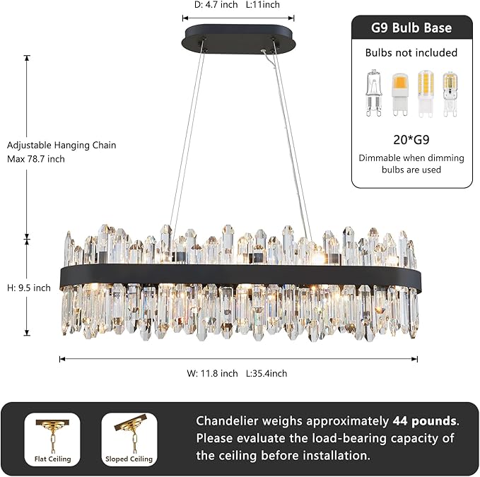 Modern Rectangular Crystal Chandelier, 20-Lights Black Raindrop Chandelier Lighting Contemporary Pendant Ceiling Light Fixture for Dining Room Living Room Kitchen Island L35.4''