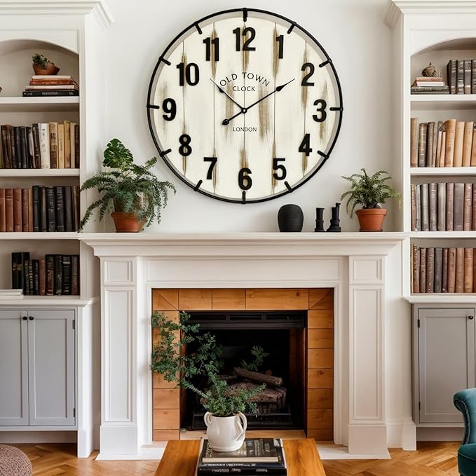 Farmhouse White 24 Inch Wooden Large Wall Clock, Silent Non-Ticking Quartz Movement, Battery Operated Modern Rustic Clock for Living Room, Kitchen, Office, Home Decor