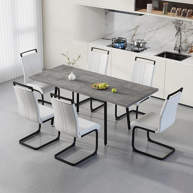 7 Piece Dining Table Set for 6-8,55-71" Extendable Dining Table Set with 6 Upholstered Chairs,Rectangle Kitchen Table Set for Small Space,Dining Room and Office,Grey