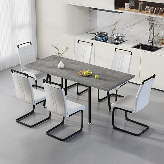 7 Piece Dining Table Set for 6-8,55-71" Extendable Dining Table Set with 6 Upholstered Chairs,Rectangle Kitchen Table Set for Small Space,Dining Room and Office,Grey