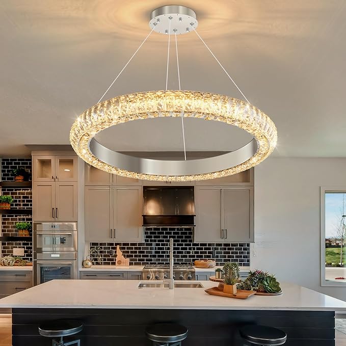 24" Ring Modern LED Dimmable Crystal Chandelier Adjustable Height Pendant Light Round Crystal Chandelier Light Fixtures for Dining Room Living Room Kitchen Island Silver