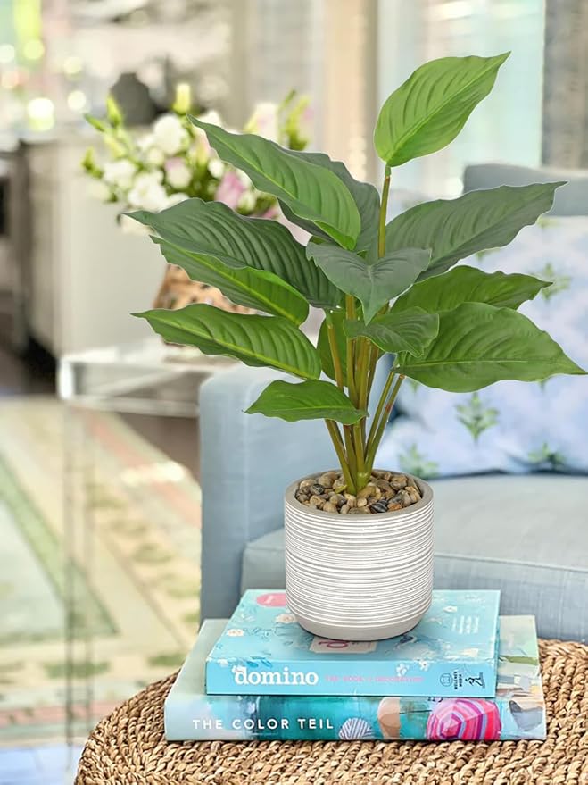 Small Fake Plants Indoor 14.5 Inch Potted Plant Artificial Decor 12 Leaves Faux Plant with Cement Pot Silk House Plants for Home Office Bathroom Kitchen Farmhouse Table Centerpieces Shelf Decor