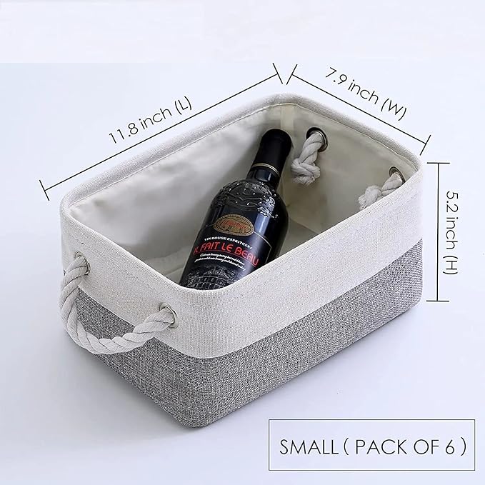 TcaFmac Small Storage Baskets for Shelf 6 Pack Canvas Storage Basket with Handles Fabric Storage Basket for Organizing Storage Bin (White and Grey, 12x8x5")