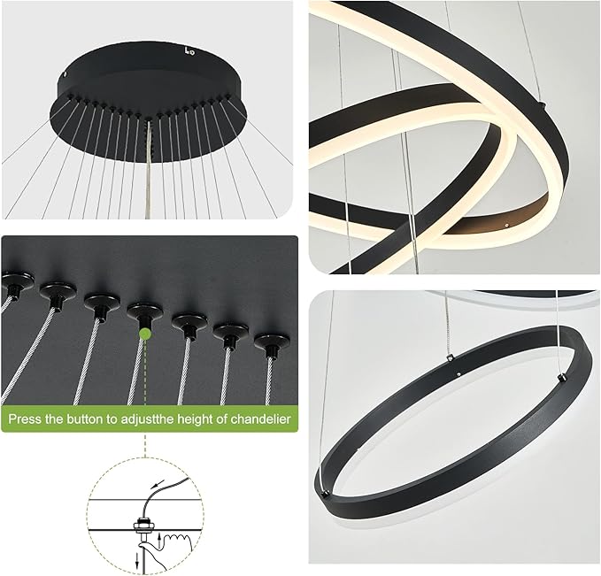 9 Rings Modern LED Chandelier Black Dimmable Large Foyer Chandeliers Entryway High Ceiling for Staircase, High Ceiling Pendant Lights for Entryway Living Room, 3000K-6500K CCT
