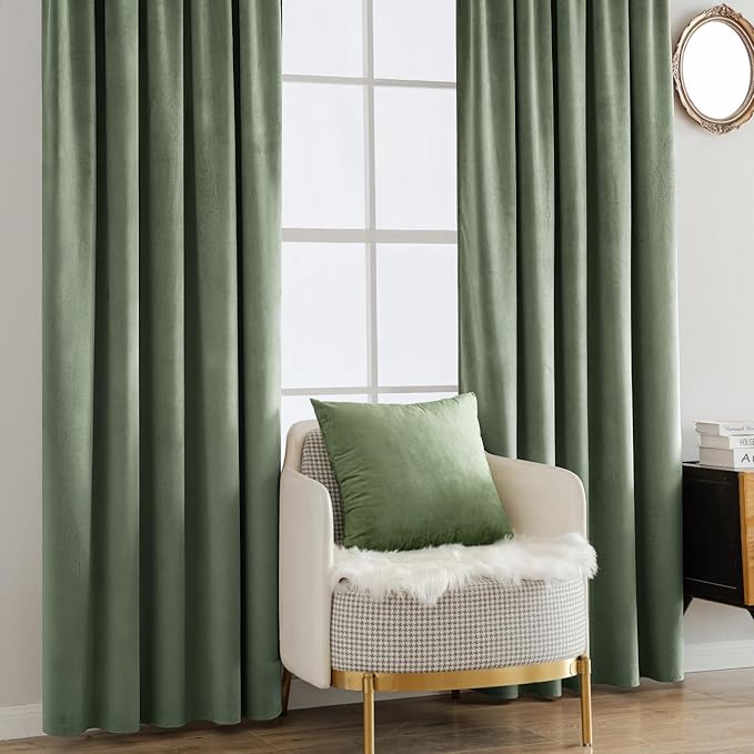 MIULEE Velvet Curtains 108 inches - Luxury Blackout Curtains for Bedroom Living Room Thermal Insulated Super Soft Window Drapes Rod Pocket & Back Tab, Sage Green, W52 x L108 inches, 2 Panels