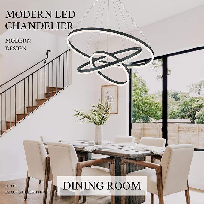 3-Rings Modern LED Chandelier Black, Dimmable Pendant Lighting with Remote Control Circular Flush Mount High Ceiling Light for Living Room Dining Room Foyer, 3000K-6500K D31.5’’