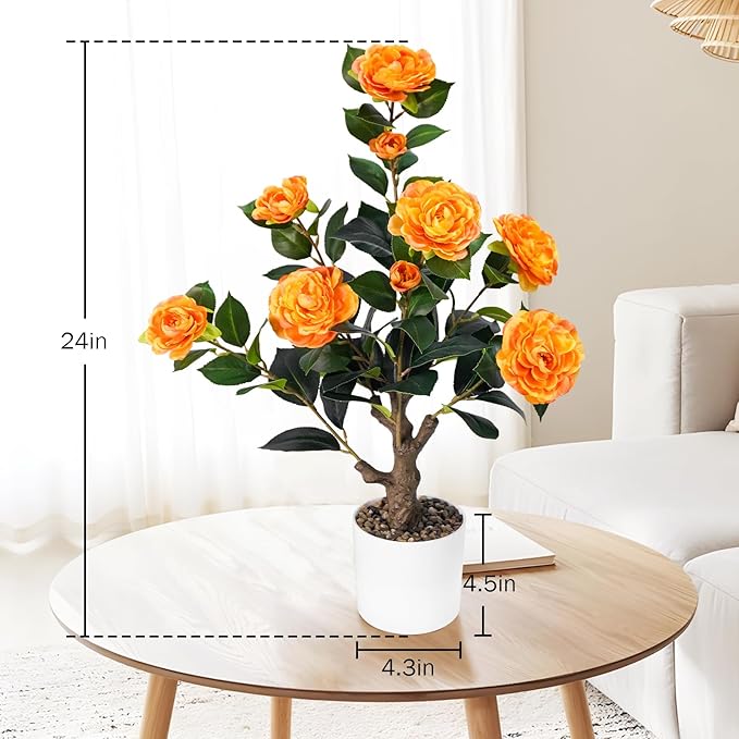 2FT Artificial Camellia Tree, Small Fake Tree for Outdoor Indoor, Plastic Potted Plants for Home Office, Tabletop Desk Orange Flower Plants (1 Pack)