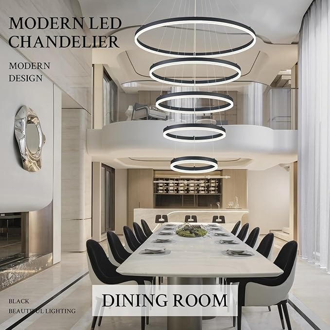 5-Rings D31.5’’ Modern LED Chandelier Black Dimmable High Ceiling Chandeliers Foyer with Remote Control for Entryway Living Room Dining Room Staircase, 3000K-6500K