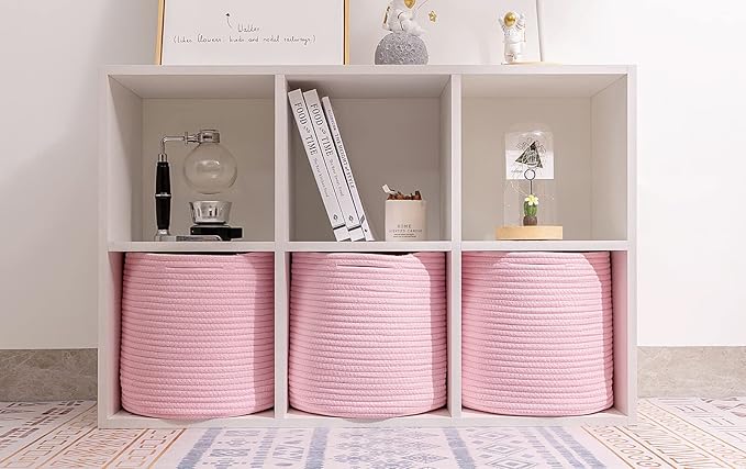 voten Storage Cubes Baskets Bins Organizer 11x11x11'' Fit 12x12''Cube Storage Organizer Bookcases Shelf,Durable Woven Cotton Storage Basket for Organizing,Round 3Pack Pink